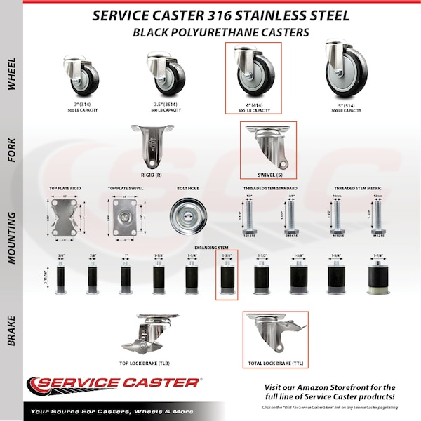 Service Caster 4 Inch 316SS Black Poly Swivel 1-3/8 Inch Expanding Stem Caster Set Lock Brake SCC-SS316TTLEX20S414-PPUB-BLK-138-4 - main